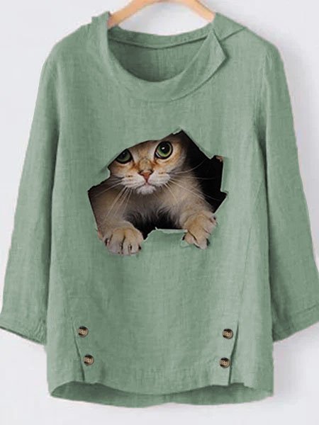 Crew Neck Casual Cotton And Linen Cat Top, Tops, color:Green|size:XXL, JustFashionNow