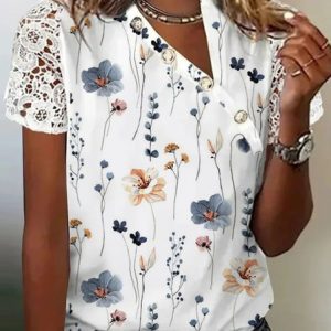 Floral Lace Asymmetrical Casual T-Shirt, T-Shirts, color:White|size:XXL, JustFashionNow