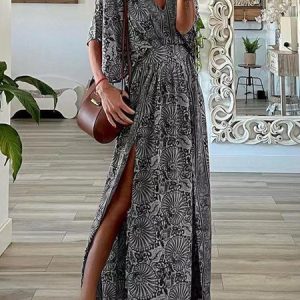 Geometric V Neck Boho Dress, Dresses, color:Gray|size:5XL, JustFashionNow