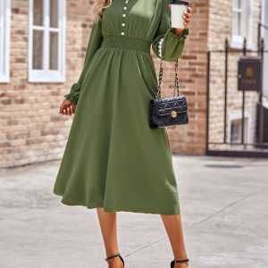 Women Plain V Neck Long Sleeve Comfy Casual Midi Dress, Midi, color:Army Green|size:XL, Noracora