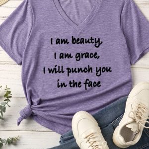 Lilicloth X Funnpaw Women's I Am Beauty I Am Grace I Will Punch You In The Face Matching V Neck T-Shirt, color:Purple|size:XXL, Lilicloth.com