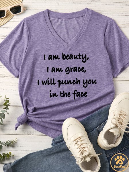 Lilicloth X Funnpaw Women's I Am Beauty I Am Grace I Will Punch You In The Face Matching V Neck T-Shirt, color:Purple|size:XXL, Lilicloth.com