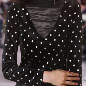 Half Turtleneck Long Sleeve Polka Dots Mesh Regular Micro-Elasticity Regular Fit Shirt For Women, Blouses, color:Black|size:XXL, Noracora