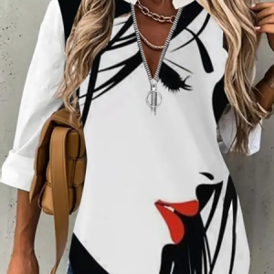 Abstract V Neck Loose Blouse, Shirts & Blouses, color:White|size:XXL, JustFashionNow