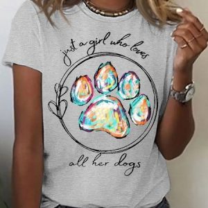 Women's Cotton Dog Paw Dog Lover Print Crew Neck Casual T-Shirt, T-shirts, Lilicloth.com