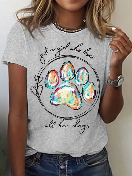Women's Cotton Dog Paw Dog Lover Print Crew Neck Casual T-Shirt, T-shirts, Lilicloth.com