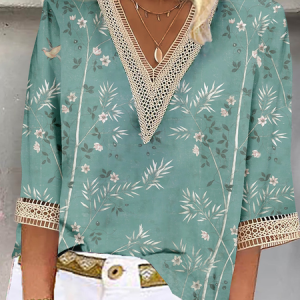 Loose Casual Floral V Neck Shirt, Blouses, color:Green|size:XXL, Noracora