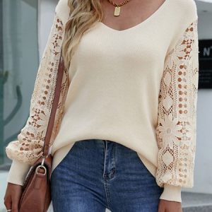 Acrylic V Neck Casual Lace Sweater, Tops, color:Khaki|size:XXL, JustFashionNow