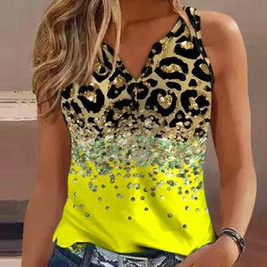 Leopard  Casual V Neck Tank Top, Tanks & Camis, color:Yellow|size:XXL, JustFashionNow