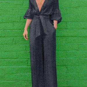 Urban Denim Regular Fit Jumpsuit, , color:Blue|size:XXL, Stylewe