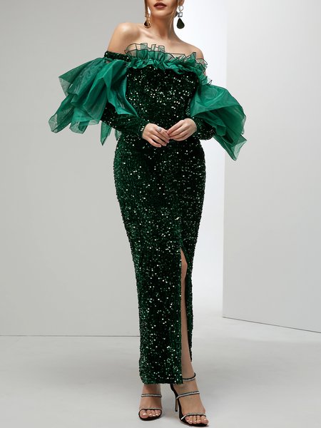 Elegant Regular Fit Plain Boat Neck Party Dress, Maxi Dresses, color:darkgreen|size:4XL, Stylewe
