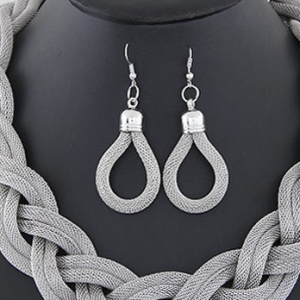 Handwoven Twist Metal Thick Chain Vintage Necklace Earrings Set, Necklace, color:Silver|size:One-size, Noracora