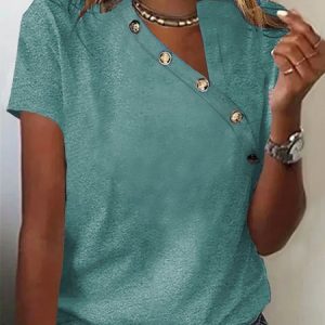 Asymmetrical Collar Buttoned Casual T-Shirt, JustFashionNow T-Shirts, color:Green|size:XXL,