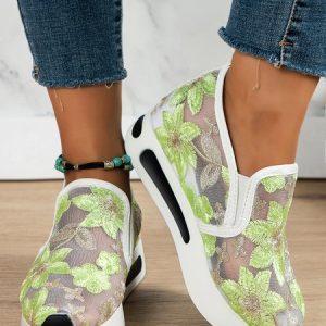 Green Floral Embroidery Breathable Mesh Slip-on Muffin Sneakers, Sneakers, color:Green|size:42, JustFashionNow