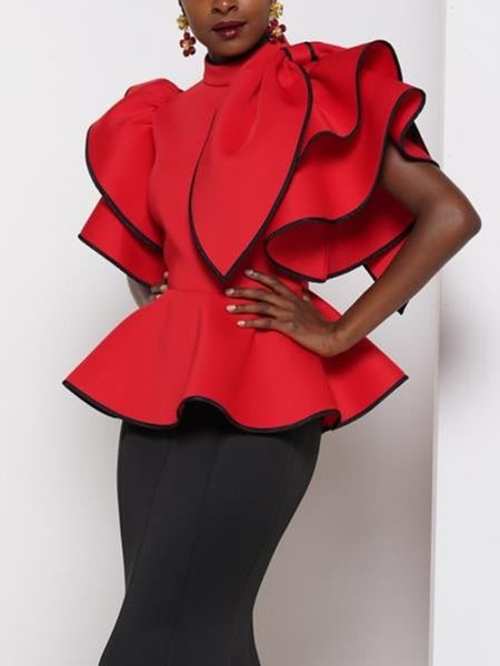 Plain Regular Fit Stand Collar Elegant Blouse, Blouses and Shirts, color:Red|size:XXL, Stylewe