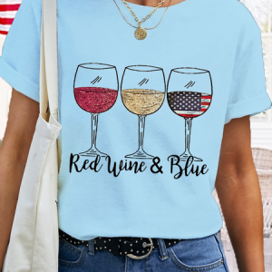 Women's Red Wine And Blue American Flag Cotton Simple T-Shirt, color:Light Blue|size:3XL, Lilicloth.com