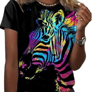 Women's Casual Colorful Zebra Pattern Round Neck Short Sleeve T-Shirt Daily Commuting Clothing, T-Shirts, color:Black|size:XXL, JustFashionNow