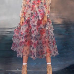 Daily Midi Floral Elegant Regular Fit Skirt, Skirts, color:Red|size:XXL, Stylewe