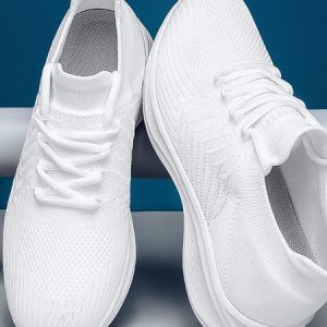 Sports Plain Lace-Up Flat Heel Fly Woven Shoes, Sneakers&Athletic, color:White|size:44, Noracora