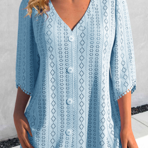V Neck Three Quarter Sleeve Plain Regular Micro-Elasticity Loose Blouse For Women, Shirts, color:Blue|size:XXL, Noracora