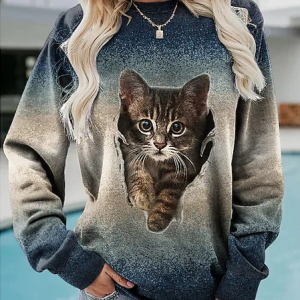 Ombre Cat Crew Neck Loose Sweatshirt, Sweatshirts & Hoodies, color:Multicolor|size:XXL, JustFashionNow