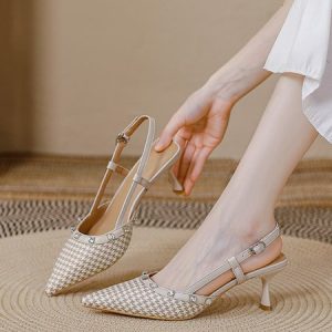 Houndstooth Temperament Urban Rivet Design Back Empty Shoes, Heels, color:Apricot|size:39, Stylewe