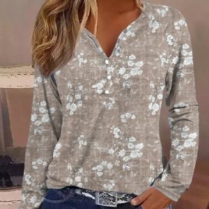 Casual V Neck Floral Loose T-Shirt, T-Shirts, color:Khaki|size:XXL, JustFashionNow