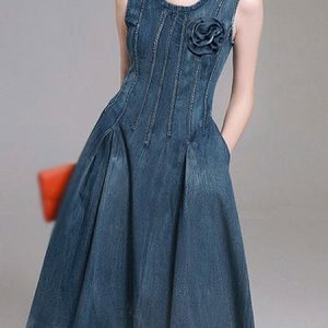 Crew Neck Plain Regular Fit Elegant Denim Dress, Midi Dresses, color:Blue|size:XS, Stylewe