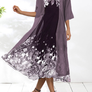 JFN Round Neck 2PCS Floral  Vacation Casual Midi Dress, Casual Dresses, color:Multicolor|size:XXL, JustFashionNow