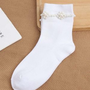 Floral Imitation Pearls Over the Calf Socks, Socks, color:White|size:One-size, Stylewe