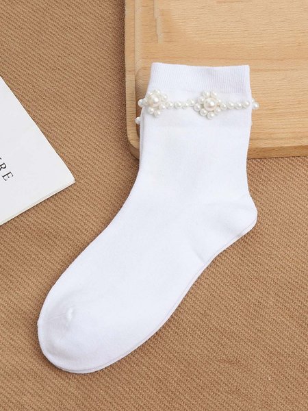 Floral Imitation Pearls Over the Calf Socks, Socks, color:White|size:One-size, JustFashionNow