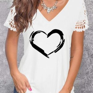 Casual Abstract V Neck Regular Fit T-Shirt, T-Shirts, color:White|size:XXL, JustFashionNow