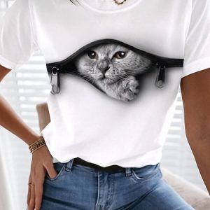 Jersey Casual Cat Loose Crew Neck T-Shirt, T-Shirts, color:White|size:XXL, JustFashionNow