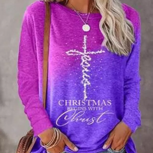 Loose Casual Cotton-Blend Ombre T-Shirt, T-Shirts, color:Purple|size:XXL, JustFashionNow