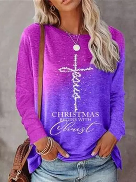 Loose Casual Cotton-Blend Ombre T-Shirt, T-Shirts, color:Purple|size:XXL, JustFashionNow