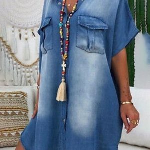Casual Fashion Shirt Denim Dress Holiday Daily Women Clothing, Dresses, color:Blue|size:3XL, JustFashionNow
