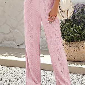 Women's Casual Plain Check Straight-Leg Stretch Long Pants Everyday Clothing, Pants, color:Pink|size:XXL, JustFashionNow