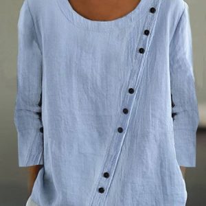 Crew Neck Long Sleeve Plain Regular Loose Shirt For Women, Blouses, color:Blue|size:XXL, Noracora