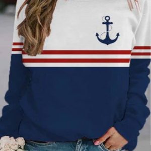 Casual Crew Neck Anchor Sweatshirt, Hoodies & Sweatshirts, color:Deep Blue|size:3XL, Noracora