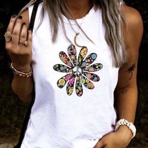 Floral-Print Cotton-Blend Casual Crew Neck Tops, Tanks & Camis, color:White|size:XXL, JustFashionNow
