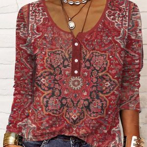 Casual Ethnic Knitted Crew Neck Shirt, Shirts & Blouses, color:Red|size:XXL, JustFashionNow