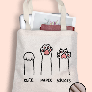 Women's Cute Cat Rock Paper Scissors Shopping Tote, color:White|size:One-size, Lilicloth.com