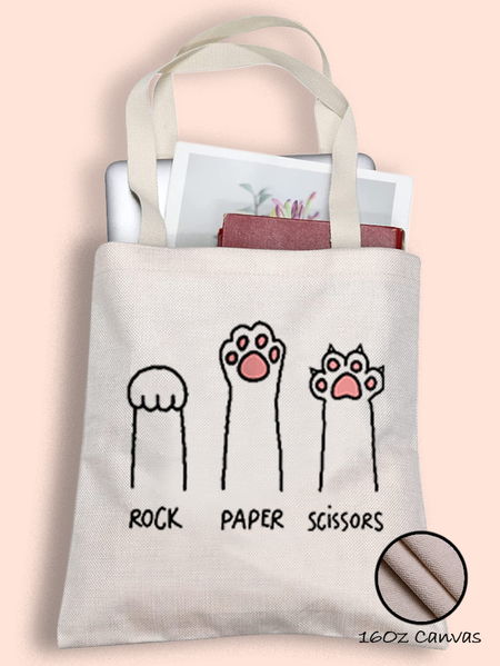 Women's Cute Cat Rock Paper Scissors Shopping Tote, color:White|size:One-size, Lilicloth.com