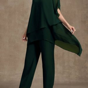 Casual Plain Loose Crew Neck Two-Piece Set, Suit Set, color:Dark Green|size:3XL, JustFashionNow