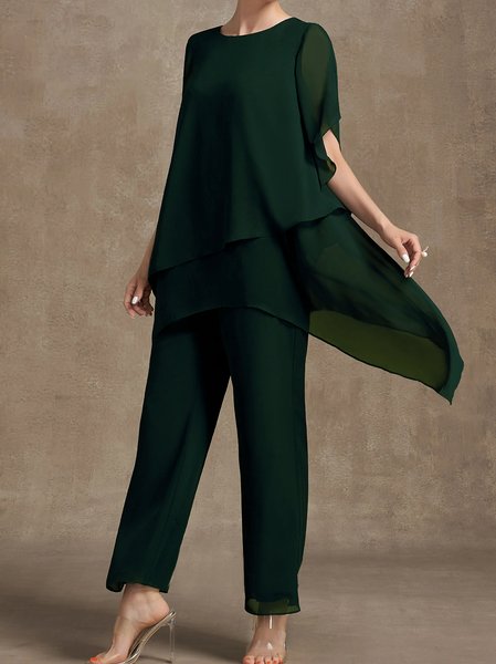 Casual Plain Loose Crew Neck Two-Piece Set, Suit Set, color:Dark Green|size:3XL, JustFashionNow