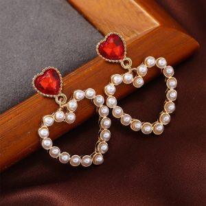 Imitation Ruby and Rhinestone Heart Stud Earrings, Earrings, color:As Picture|size:One-size, JustFashionNow