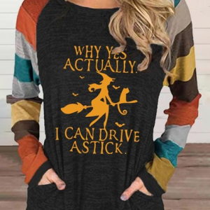 JFN Crew Neck Halloween "Yes I Can Drive Stick" Letter Long Sleeve Top, T-Shirts, color:Black|size:3XL, JustFashionNow