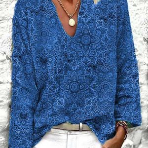 JFN V Neck Floral Vacation Casual Blouse, Shirts & Blouses, color:Blue|size:XXL, JustFashionNow