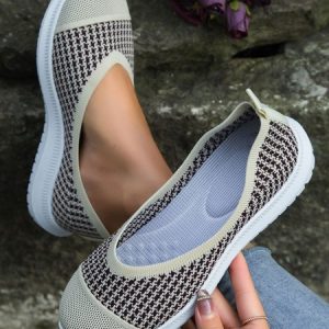 Black and White Houndstooth Graphic Massage Insole Flyknit Sneakers, Sneakers&Athletic, color:Beige|size:43, Noracora