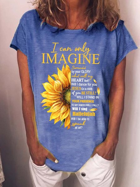 Women’s Sunflower Jesus I Can Only Imagine Text Letters Casual T-Shirt, T-shirts, Lilicloth.com